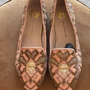 NEW HOUSE OF HARLOW 1960 skull beaded loafer moccasins 40 9.5 9 10 pink gold